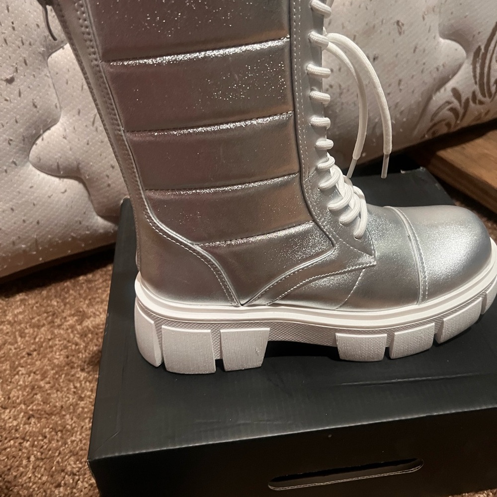 Fashion Nova Silver Combat & Moto Boots with White Platform